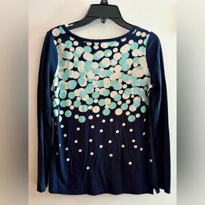 Talbots long sleeve top in a navy blue, white, & light blue polka dots. Sz. PM